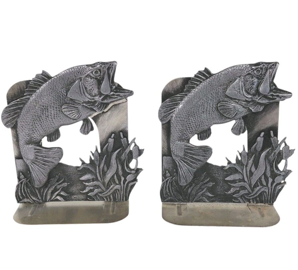 Metzke Large Mouth Bass Fish Fishing Pewter Bookend Set Vtg 1980’s